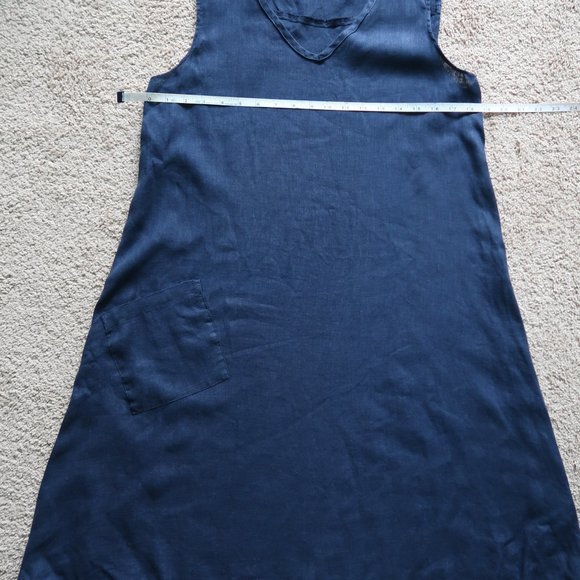 Flax Dark Blue V Neck Lightweight Linen Tank Dress with Pocket - Picture 7 of 14